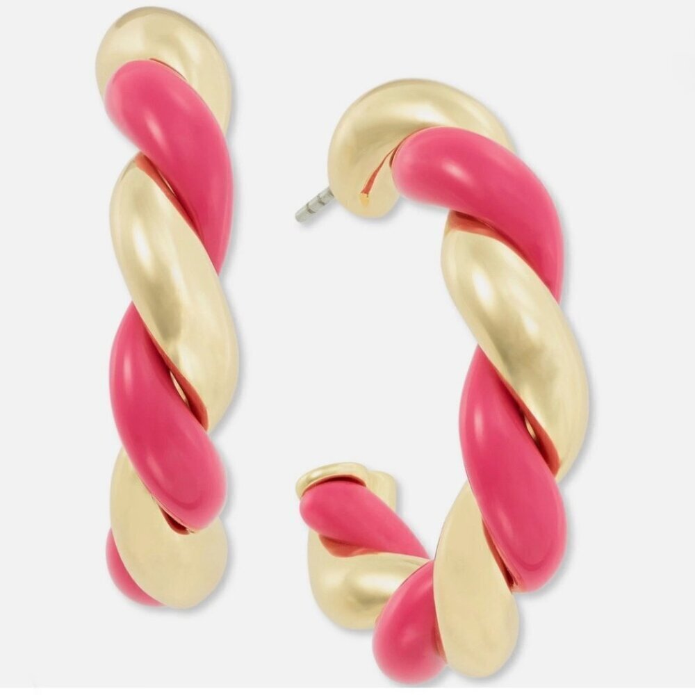 On 34th Gold Tone Pink Swirl Medium Hoop Earrings, 1.2"  NWT